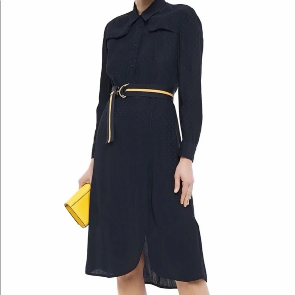 Sandro Paris Navy Swiss Dot Pleated Midi Shirt Dress Scallop Yoke 12 - Picture 5 of 15